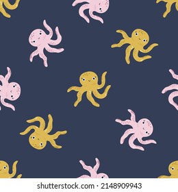 Seamless childish pattern with funny octopuses for nursery, baby shower, textile.