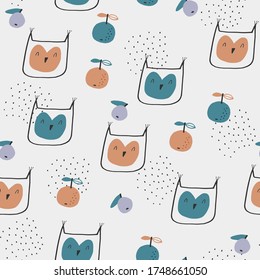 Patrón infantil sin foco con búhos y manzanas divertidas: Bosque en otoño. Textura de niños escandinavos creativos para tela, envoltura, textil, papel pintado, vestimenta. Ilustración vectorial.