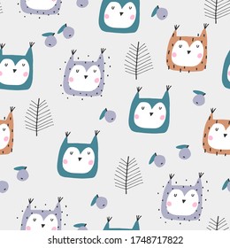Seamless childish pattern with funny owls and apples: Forest in autumn. Creative scandinavian kids texture for fabric, wrapping, textile, wallpaper, apparel. Vector illustration.