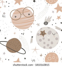 Patrón infantil impecable con graciosos personajes del planeta. Textura espacial de moda para tela, ropa, textil, papel pintado. Ilustración del vector