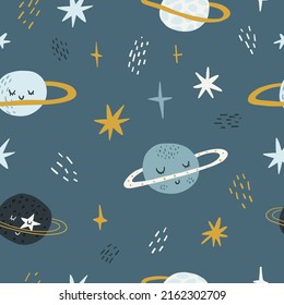 Seamless childish pattern with funny planet characters. Trendy space texture for fabric, apparel, textile, wallpaper. Cute kids print. Vector illustration.