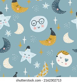 Patrón infantil impecable con graciosos personajes del planeta. Textura espacial de moda para tela, ropa, textil, papel pintado. Los niños se imprimen. Ilustración vectorial.