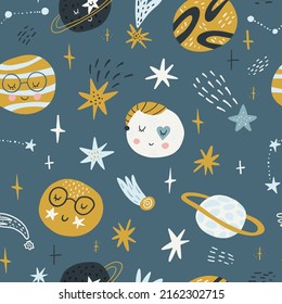 Seamless childish pattern with funny planet characters. Trendy space texture for fabric, apparel, textile, wallpaper. Cute kids print. Vector illustration.