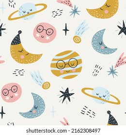 Seamless childish pattern with funny planet characters. Trendy space texture for fabric, apparel, textile, wallpaper. Cute kids print. Vector illustration.
