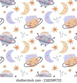 Seamless childish pattern with funny planet, moon and stars in space. Perfect for decorating prints for fabric, wrapping paper, textiles, wallpaper, clothes. Vector graphics on a white background.