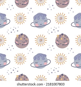 Seamless childish pattern with funny planets and sun in space. Perfect for decorating prints for fabric, wrapping paper, textiles, wallpaper, clothes. Vector graphics on a white background.