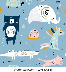 Seamless childish pattern with funny rainbow animals . Creative scandinavian kids texture for fabric, wrapping, textile, wallpaper, apparel. Vector illustration