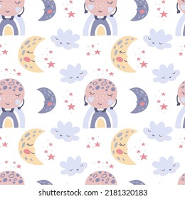 Seamless childish pattern with funny rainbow, moons and planets in space. Perfect for decorating prints for fabric, wrapping paper, textiles, wallpaper, clothes. Vector graphics on a white background.