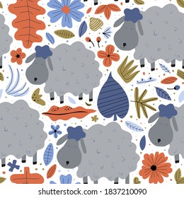 Seamless childish pattern with funny sheeps, leaves and flowers. Creative Scandinavian baby texture for fabric, packaging, textile, wallpaper, clothing. Vector illustration