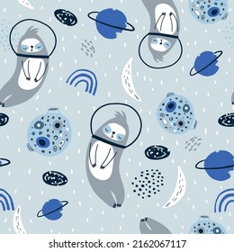 Seamless childish pattern with funny sloth in a helmet surrounded by space elements. Creative kids city texture for fabric, wrapping, textile, wallpaper, apparel. Vector illustration