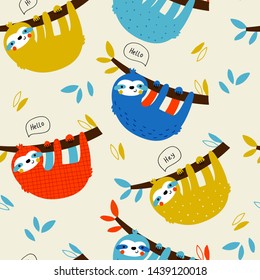 Seamless childish pattern with funny slothes: Forest. Creative scandinavian kids texture for fabric, wrapping, textile, wallpaper, apparel. Vector illustration in red, blue, gray and pink.