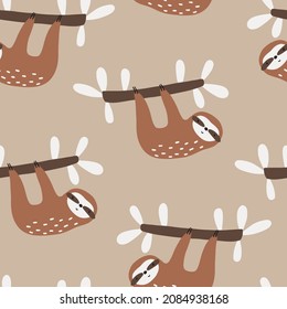 Seamless childish pattern with funny slothes. Creative scandinavian kids texture for fabric, wrapping, textile, wallpaper, apparel. Vector illustration in brown colours.