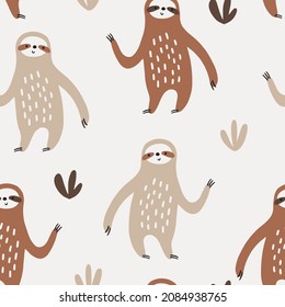 Seamless childish pattern with funny slothes on white background. Creative scandinavian kids texture for fabric, wrapping, textile, wallpaper, apparel. Vector illustration in caramel colours.