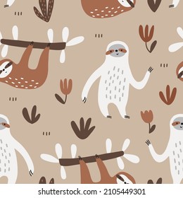 Seamless childish pattern with funny slothes. Creative scandinavian kids texture for fabric, wrapping, textile, wallpaper, apparel. Vector illustration in brown colours.