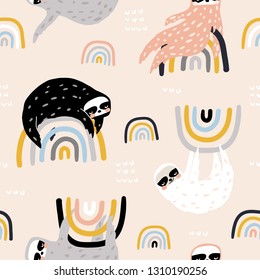 Seamless childish pattern with funny sloths on rainbows. Creative kids texture for fabric, wrapping, textile, wallpaper, apparel. Vector illustration