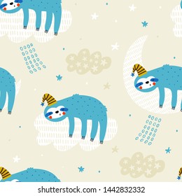 Seamless childish pattern with funny sloths and moon. Creative kids texture for fabric, wrapping, textile, wallpaper, apparel. Vector illustration. 