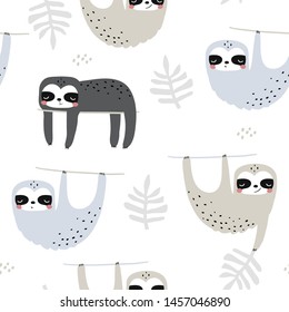 Seamless childish pattern with funny sloths. Creative kids texture for fabric, wrapping, textile, wallpaper, apparel. Vector illustration