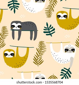 Seamless childish pattern with funny sloths. Creative kids texture for fabric, wrapping, textile, wallpaper, apparel. Vector illustration