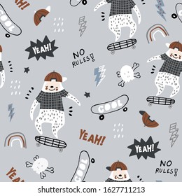 Seamless childish pattern with funny sloths on skateboards . Creative scandinavian kids texture for fabric, wrapping, textile, wallpaper, apparel. Vector illustration