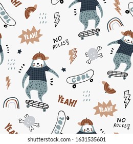 Seamless childish pattern with funny sloths on skateboards . Creative scandinavian kids texture for fabric, wrapping, textile, wallpaper, apparel. Vector illustration