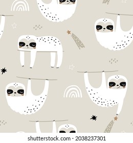 Seamless childish pattern with funny sloths and stars. Creative kids texture for fabric, wrapping, textile, wallpaper, apparel. Vector illustration