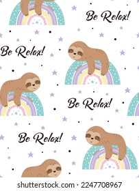 seamless childish pattern with funny sloths on rainbows, creative kids texture for fabric, wrapping, textile, wallpaper, apparel, vector illustration in flat style