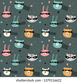 Seamless childish pattern with funny superheroes on dark background. Creative kids texture for fabric, wrapping, textile, wallpaper, apparel. Vector illustration. 