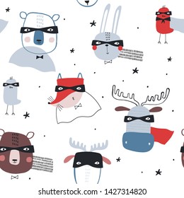 Seamless childish pattern with funny superheroes on white background. Creative kids texture for fabric, wrapping, textile, wallpaper, apparel. Vector illustration in red and blue. 