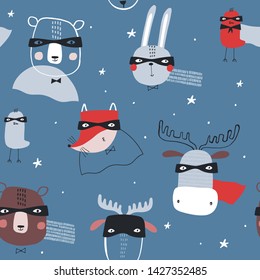 Seamless childish pattern with funny superheroes on blue background. Creative kids texture for fabric, wrapping, textile, wallpaper, apparel. Vector illustration in red and blue. 