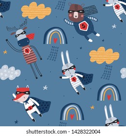 Seamless childish pattern with funny superheroes on blue background. Creative kids texture for fabric, wrapping, textile, wallpaper, apparel. Vector illustration in red and blue. 
