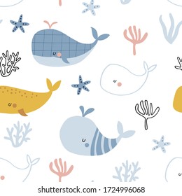 Seamless childish pattern with funny  whales. Creative scandinavian kids texture for fabric, wrapping, textile, wallpaper, apparel. Vector illustration background in yellow and blue.