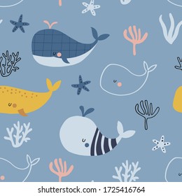 Seamless childish pattern with funny  whales. Creative scandinavian kids texture for fabric, wrapping, textile, wallpaper, apparel. Vector illustration background in yellow and blue.