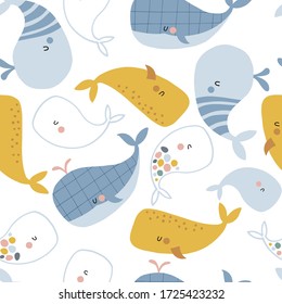 Seamless childish pattern with funny  whales. Creative scandinavian kids texture for fabric, wrapping, textile, wallpaper, apparel. Vector illustration background in yellow and blue.