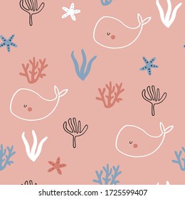 Patrón infantil sin foco con ballenas divertidas. Textura de niños escandinavos creativos para tela, envoltura, textil, papel pintado, vestimenta. Fondo de la ilustración vectorial en rosa y azul.