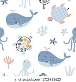 Seamless childish pattern with funny  whales, turtles, octopus. Creative scandinavian kids texture for fabric, wrapping, textile, wallpaper, apparel. Vector illustration background in yellow and blue.
