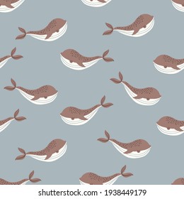 Patrón infantil sin foco con ballenas divertidas. Textura de niños escandinavos creativos para tela, envoltura, textil, papel pintado, vestimenta. Fondo de ilustración vectorial en rosa, leche y azul.