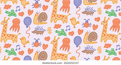 Seamless childish pattern with giraffes and octopuses in colorful crayon style. Includes snails, birds, planes and hearts. Funny naive hand-drawn texture. Vector illustration design.