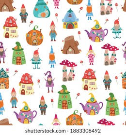 Seamless childish pattern with gnomes and garden houses, flat cartoon vector illustration on white background. Repeatable texture with funny gnomes and fairytale houses.