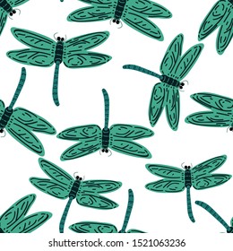 Seamless childish pattern with green dragonfly. Creative animal texture for fabric, wrapping, textile, wallpaper, apparel. Vector illustration