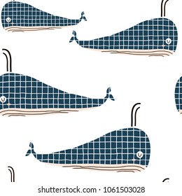 Seamless childish pattern with grid texture whales. Creative under sea summer texture for fabric, wrapping, textile, wallpaper, apparel. Vector illustration