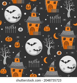 Seamless childish pattern for Halloween with house moon and pumpkin on black background. Autumn festive cartoon background. Print for holiday celebration.