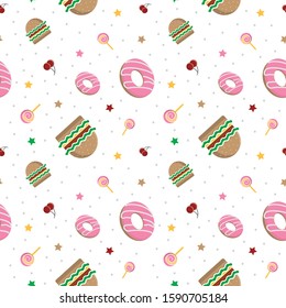 Seamless childish pattern hamburger and donuts in the white backdrop