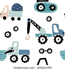 Seamless childish pattern with hand drawn cars. Creative kids texture for fabric, wrapping, textile, wallpaper, apparel. Vector illustration