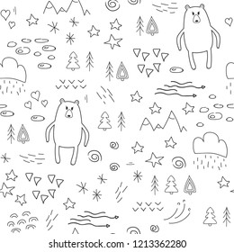 Seamless childish pattern with hand drawn cute bears. Creative kids texture for fabric, wrapping, textile, wallpaper, apparel. Vector illustration.