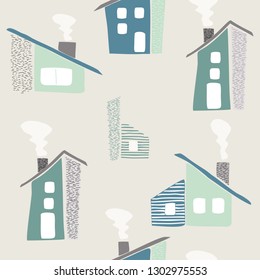 Seamless childish pattern with hand drawn houses. Creative kids city texture for fabric, wrapping, textile, wallpaper, apparel. Vector illustration