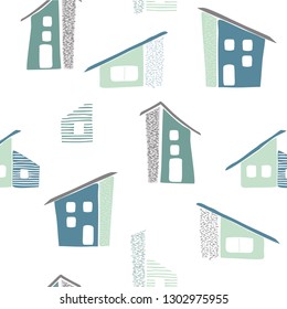 Seamless childish pattern with hand drawn houses. Creative kids city texture for fabric, wrapping, textile, wallpaper, apparel. Vector illustration