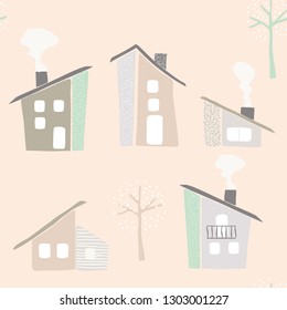 Seamless childish pattern with hand drawn houses. Creative kids city texture for fabric, wrapping, textile, wallpaper, apparel. Vector illustration.