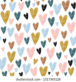 Seamless childish pattern with hand drawn hearts.Creative scandinavian kids texture for fabric, wrapping, textile, wallpaper, apparel. Vector illustration