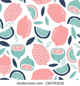 Seamless childish pattern with hand drawn pink lemons. Creative scandinavian kids texture for fabric, wrapping, textile, wallpaper, apparel. Vector illustration. Yellow, blue and turquoise.