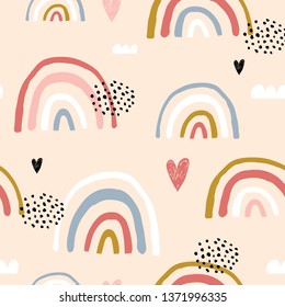 Seamless childish pattern with hand drawn rainbows and hearts, .Creative scandinavian kids texture for fabric, wrapping, textile, wallpaper, apparel. Vector illustration